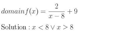 The domain of f(x)= 2/(x-8)+9 is x<8\lor x>8